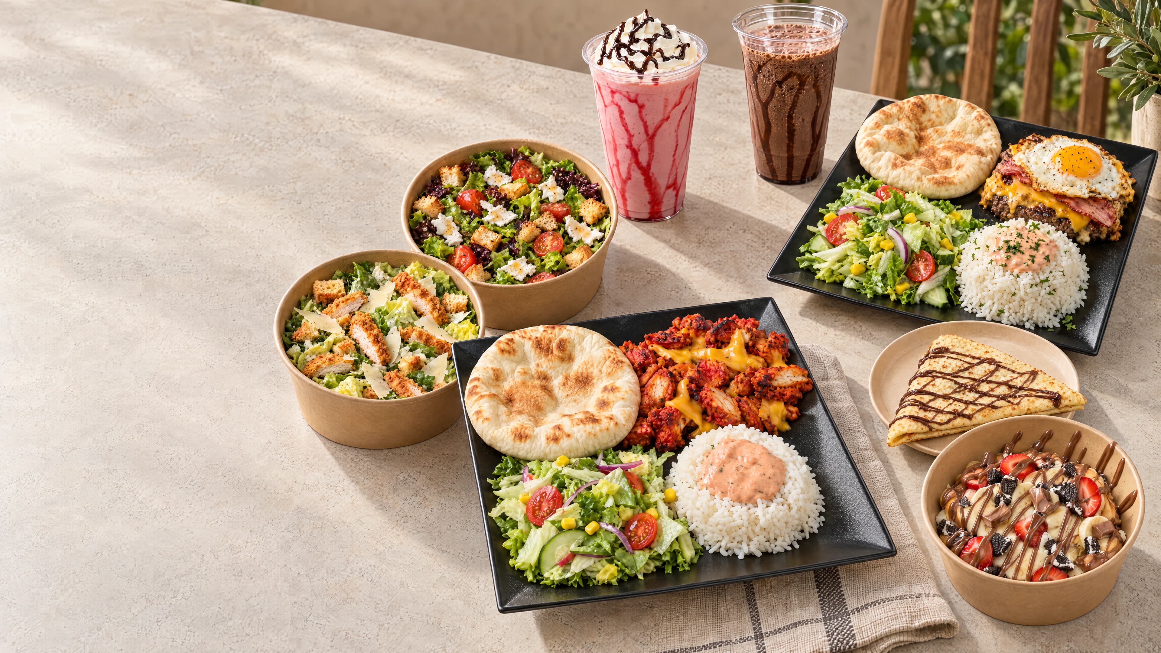 Une table AU P’TIT NAAN : assiettes Tandoori et Oriental, salades César et Chèvre miel, crêpe au Nutella, bubble waffle, milkshakes fraise et chocolat