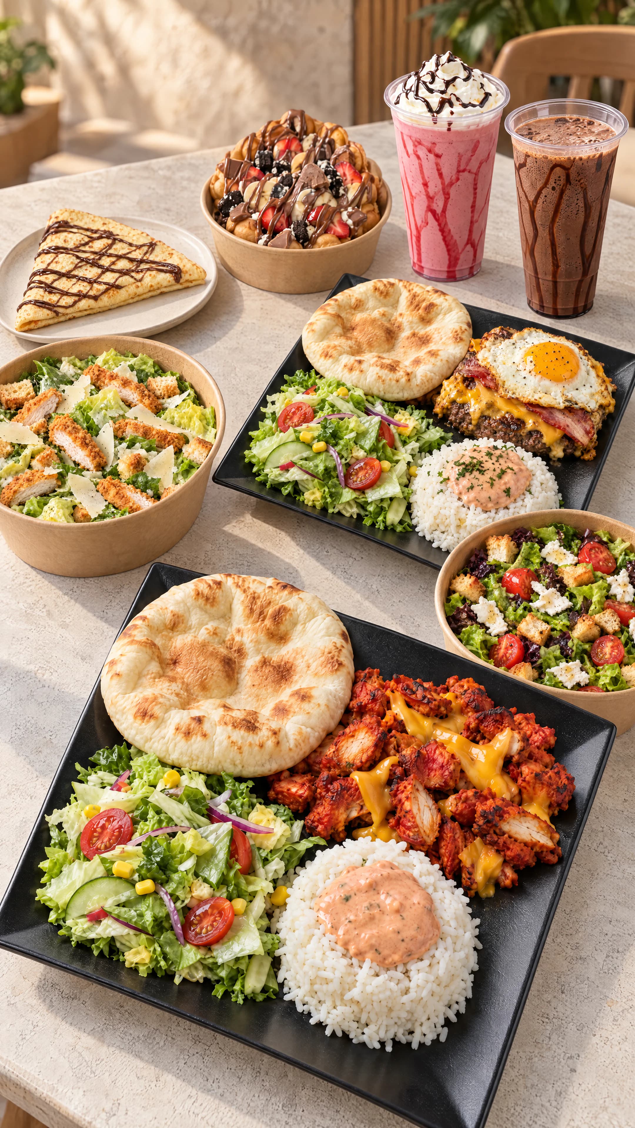 Une table AU P’TIT NAAN : assiettes Tandoori et Oriental, salades César et Chèvre miel, crêpe au Nutella, bubble waffle, milkshakes fraise et chocolat
