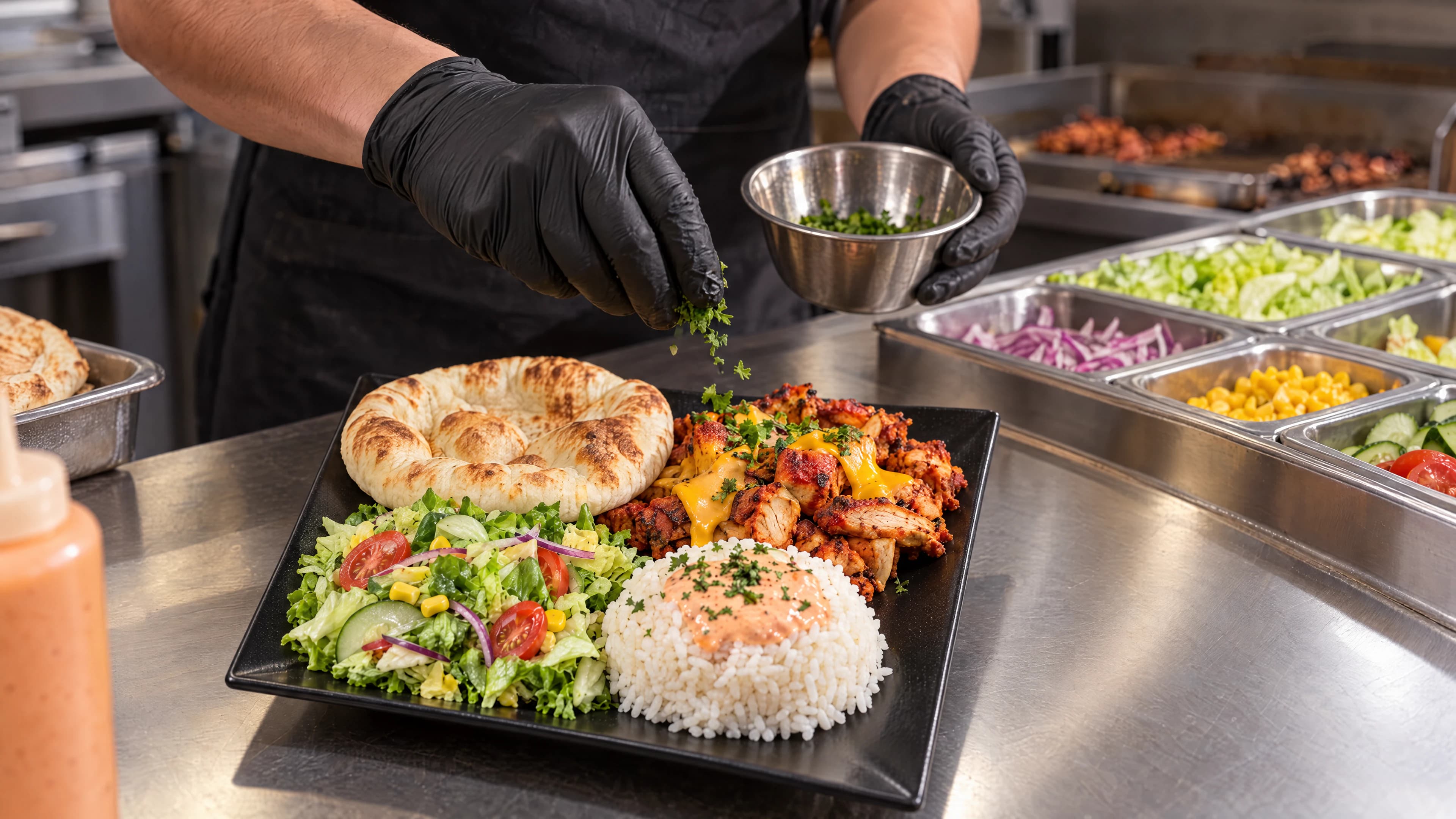 Mains gantées parsemant des herbes sur une assiette — naan, poulet, salade et riz — sur le plan de travail en inox, devant les bacs de crudités.